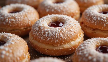Delicious round pastries with dusting of powdered sugar and dollop of red jam in center are arranged closely together, creating inviting and sweet display