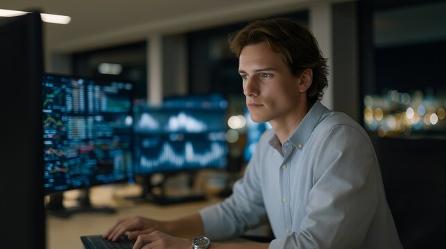 Data-driven trading desk featuring holographic AI dashboards displaying live analytics, sector trends, and predictive stock behavior, symbolizing fintech innovation, precision trading, and advanced - Powered by Adobe