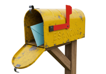 Isolated yellow mailbox with a raised red flag and blue letter inside, ready for delivery