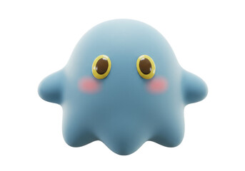 Isolated friendly blue ghost with pink cheeks and golden eyes. Cute and rounded shape