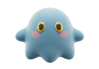 Isolated friendly blue ghost with pink cheeks and golden eyes. Cute and rounded shape