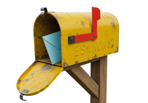 Isolated yellow mailbox with a raised red flag and blue letter inside, ready for delivery