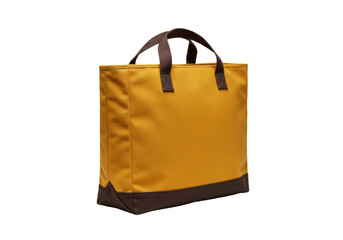 Isolated mustard yellow canvas tote bag with brown handles for carrying items, stuff