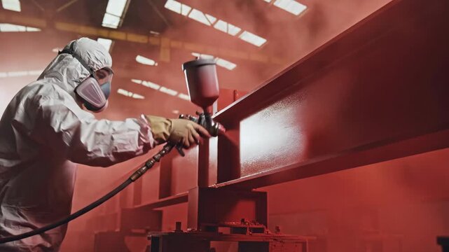 Man painting metal construction with spray gun as industrial painter in factory, painting footage