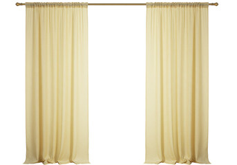 Isolated cream-colored curtain panels, draped elegantly on a gold-colored curtain rod fixture