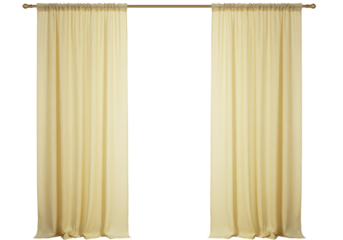 Isolated cream-colored curtain panels, draped elegantly on a gold-colored curtain rod fixture