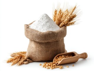 Flour in burlap sack with wheat stalks and grains in wooden scoop on white background studio shot