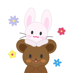 Cute cartoon vector illustration of a rabbit and a bear with scattered flowers