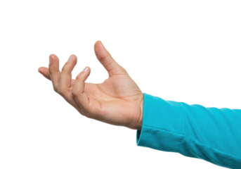 Isolated arm extended offering something, palm up, sleeve in blue, casual relaxed human