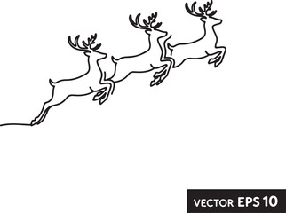 Fototapeta premium Three leaping reindeer outline vector illustration