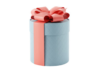 Isolated blue round gift box with salmon color ribbon and bow on top for a special occasion