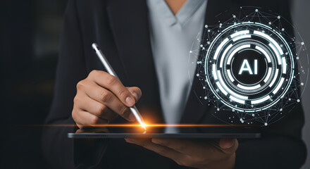 A professional using a stylus on a tablet to interact with an Artificial Intelligence (AI) icon and network.