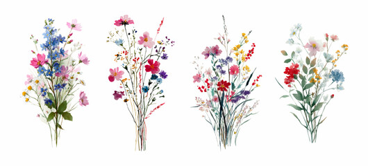 Watercolor bouquets of fragrant flowers. Meadow and wild flowers in a bouquet. Summer village flowers. Natural floral elements. Romantic flowers and herbs in a bouquet.