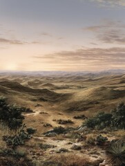 Fototapeta premium Desert vista at sunrise landscape view of rolling hills and arid terrain with cacti and scrub brush in the American Southwest