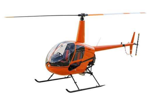 Isolated orange Robinson R44 helicopter parked, side view against neutral background, aerial vehicle