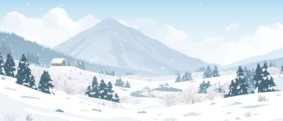 Winter Landscape Illustration of Snowy Mountain Cabin and Evergreen Trees in a Peaceful Scene with Falling Snowflakes