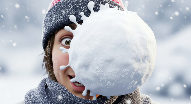 Hilarious winter scene showing a person getting hit in the face with a large snowball during a playful snowball fight in the snow.
