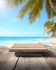 Fototapeta premium Wooden platform display on tropical beach with palm trees and ocean view summer vacation product placement