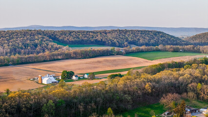 Aerial landscape of corn fields farmland mountains sunset rural Appalachia Central Pennsylvania © Andrew