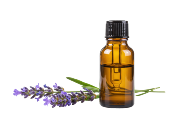 Isolated brown bottle of essential oil with lavender flowers for aromatherapy therapy