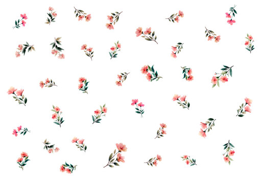 Minimalist background with small flowers. Romantic watercolor floral background with cute pink flowers. Spring floral background. Floral patterns and designs.