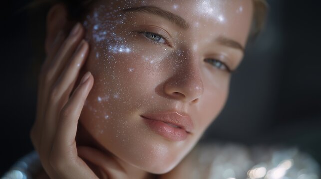 Close-up of AI holographic display scanning skin texture with glowing data points, emotion of fascination and hope visible, symbolizing advanced skincare technology, machine learning in beauty, and