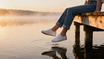 Relaxed moment at sunrise with a person sitting on a wooden pier, legs hanging over the calm water while wearing white sneakers. Peaceful atmosphere with warm light and gentle ripples on the lake.