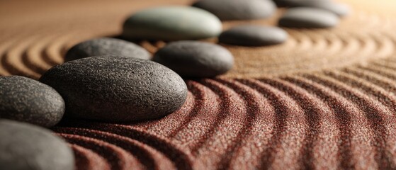 Zen Garden Rocks Arranged in Sand Close Up for Meditation and Relaxation in Studio Shot with Soft Lighting
