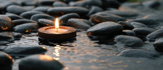 Candlelight Glows on Water Among Smooth Stones in a Serene Scene for Meditation and Relaxation Close Up View