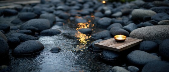 Serene Candlelight Scene: River Rocks, Gentle Stream, Warm Glow, Wooden Platform, Tranquil Atmosphere, Close-Up Shot