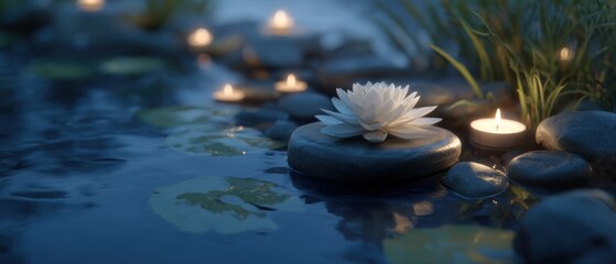 Serene water lily on stone with floating candles in a peaceful pond at twilight close up shot