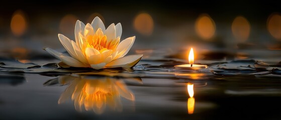 Serene water lily and candle floating on water at night, close-up shot, peaceful scene, tranquil reflection, spiritual moment