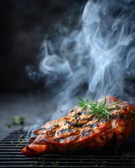 Grilled pork chop sizzling on a barbecue grill with rosemary and smoke close up food photography dark moody lighting