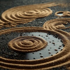 Zen garden close up of sand circles and water pools in a meditative pattern top down perspective