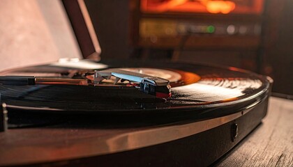 Close Up of a Vintage Record Player Needle on a Spinning Vinyl Record with Warm Ambient Lighting and Out of Focus Background Equipment