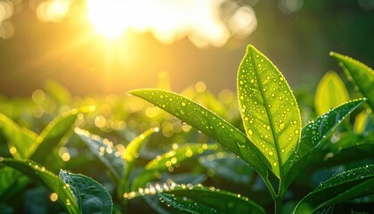 Close up of vibrant green tea leaves glistening with morning dew drops illuminated by the golden sunrise in a lush plantation