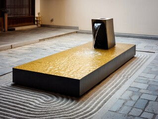 Zen garden fountain with water feature in Kyoto Japan low angle shot of modern design element and sand art
