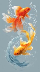 Two Goldfish Swimming in Water with Bubbles Artistic Style Vertical Composition