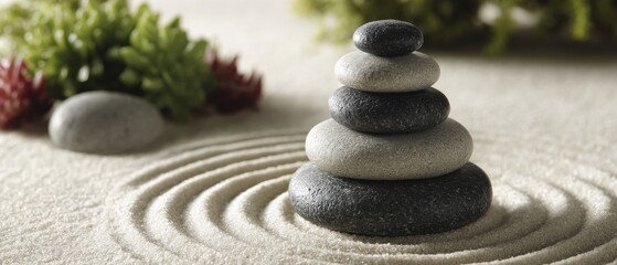Zen Garden Still Life with Stacked Stones and Raked Sand in a Studio Setting for Meditation and Relaxation