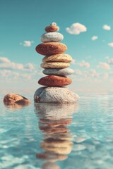 Stacked Stones in Water Reflecting Sky and Clouds Calm Zen Balance Concept Scenic View