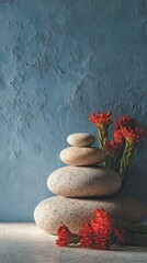 Zen Stones Stacked with Red Flowers Against Blue Wall Still Life Close Up Studio Shot