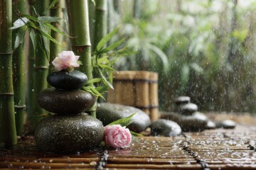Serene Spa Scene with Stacked Stones and Pink Roses in Rain Zen Garden Close Up