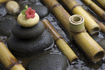 Zen Garden Still Life with Stacked Stones Bamboo and Hibiscus Flower Close Up Serene Spa Scene