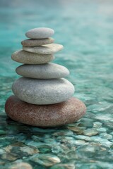 Zen Stones Stacked in Calm Water, Close-Up, Balance and Harmony Concept, Serene Scene, Meditation and Mindfulness Practice