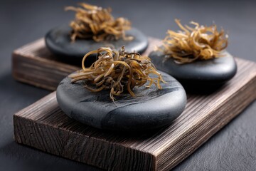 Wakame seaweed on smooth stones on wooden board still life close up studio shot minimalist food presentation