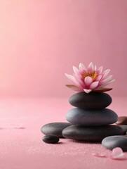 Zen stones stacked with pink lotus blossom on pink background studio shot for wellness and relaxation concept
