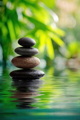 Stacked zen stones in water for spa wellness and balance concept with blurred green leaf background still life close up