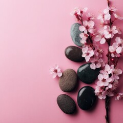 Spa stones and pink cherry blossom branch on pink background flat lay still life zen wellness concept