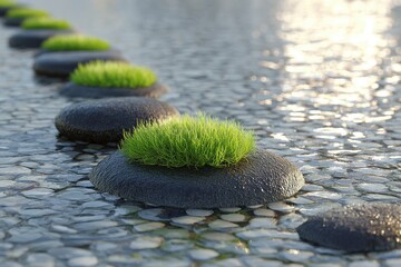 Zen Garden Stepping Stones Leading Across Water Surface in Serene Setting Close Up Perspective