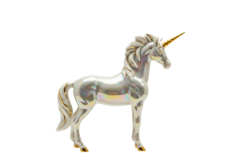 Isolated iridescent ceramic unicorn figurine, collectible mythical creature decoration